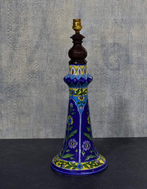 Jaipur Blue Pottery Handmade Lamp 12 Without Shade in Blue Base With Multi Colour Florals (Without Lampshade)